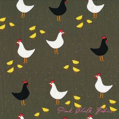 a group of chickens and roosters on a green background with words pink chalk fabric