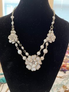 Vintage Necklace with Three White Flowers and Rhinestones . Silver Flower Necklace With Clavicle Chain For Parties, Elegant Metal Flower Necklace For Wedding, White Long Necklace In Costume Jewelry Style, White Long Costume Jewelry Necklace, Elegant Metal Flower Necklace For Party, Elegant White Rhinestone Pendant Necklace, White Rhinestone Pendant Necklace With Adjustable Chain, White Crystal Rhinestone Necklace In Costume Jewelry Style, White Crystal Rhinestone Costume Jewelry Necklace