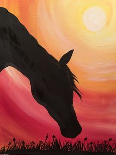 a painting of a black horse in front of a colorful sky with the sun behind it