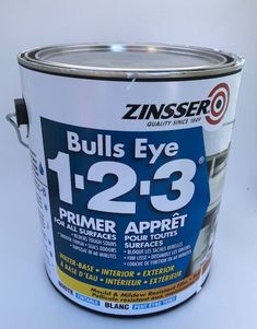 a white paint can with the words bulls eye 12 - 23 primer applied on it