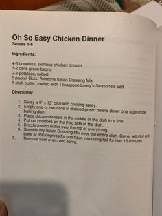 an open book with instructions on how to make chicken dinner