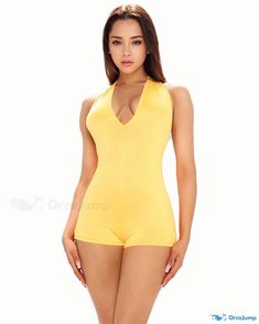 OrcaJump - Sophisticated and Alluring Deep V-Neck Bodycon Halter Backless Jumpsuit Backless Jumpsuit, Deep V Neck, Deep V, Milk, Jumpsuit, V Neck, Yellow, Clothes