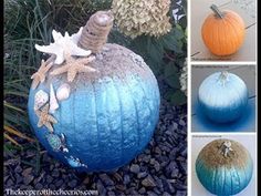 there are four different pumpkins decorated with shells and starfish on them, one is blue and the other is orange