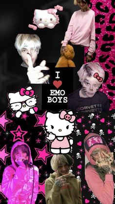 a collage of photos with hello kitty and other characters in pink, black and white