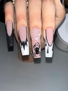 This Press-On Nail set was created with a Beautiful Black French tip, a hand drawn bat, and a handmade 3D Spider. The set comes with one full set of press-on nails (10), two small files, glue stick, and adhesive tabs. The sizes for these nails are as follow: Thumb 17mm (1) Index 12mm (6) Middle 14mm (4) Ring 13mm (5) Pinky 9mm (9) Long Glittery Nails, Dollar Sign Nails Design, Nails With Thumb, Hoco Nails For Black Dress, Bat Nails Designs, Bat French Tip Nails, Gothic Coffin Nails, Santa Muerte Nails, Old School Nail Designs