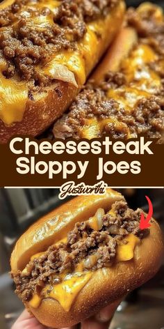 the cheesesteak sloppy joes sandwich has been cut in half and is ready to be eaten