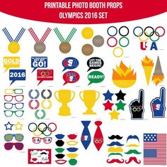 an olympic photo booth props set with the symbols for each team and their respective medals