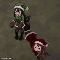 an animated image of two people laying on the ground with one person wearing a santa hat