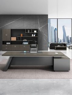 a modern office desk in the middle of a room