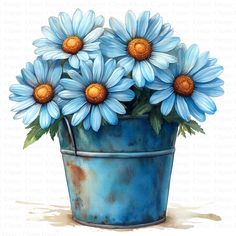 a painting of blue daisies in a blue bucket with water droplets on the surface