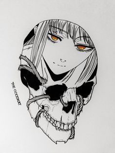 a black and white drawing of a girl with orange eyes holding a skull in front of her face