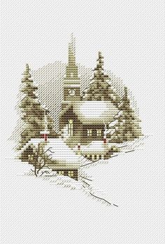 a cross stitch christmas scene with a house and trees in the snow on a white background