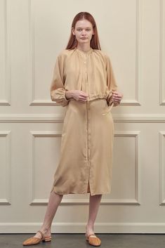 Collarless Shirt, Tencel Fabric, Long Shirt Dress, Straight Skirt, Dress Silhouette, Mid Dresses, Long Shirt, Comfy Fits, S Models