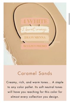 the product label for caramel sands is shown in pink and white, with an image of