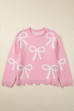 This Pink Pearl Beaded Bowknot Pattern Distressed Split Hem Sweater is a chic and stylish addition to your wardrobe. The unique bowknot pattern, adorned with delicate pink pearls, adds a touch of elegance. The distressed split hem design offers a modern twist, making it perfect for any occasion. Stay cozy and fashionable with this sweater. Size Chart (CM) Sizes Bust Hem_Width Shoulder Sleeve_Length Length Relax Relax Relax Relax Front Back S 118 106 47 55 60 61 M 124 112 50 55 62 63 L 130 118 53 Versatile Sweater, Neck Details, Faith Clothing, Bow Pattern, Dress Clip, Hem Sweater, Drop Shoulder Sweaters, Plus Size Maxi Dresses, Pink Pearl