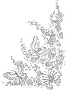 a black and white drawing of flowers with butterflies