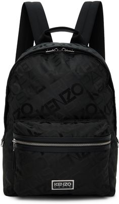 Twill backpack in black. Jacquard logo pattern and buffed leather trim throughout. · Rolled carry handle · Adjustable padded shoulder straps · Logo plaque at face · Zip pocket · D-ring at sides · Two-way zip closure · Laptop compartment at interior · Twill lining · H16.5 x W11.5 x W7 Supplier color: Black Black Travel Backpack With Logo Hardware, On-the-go Backpack With Zipper Pocket, On-the-go Backpack With Zipper Closure And Top Handle, Kenzo Crossbody Bag, Kenzo Backpack, Black Travel Bags With Logo-jacquard Lining, Luxury Black Bag With Logo-jacquard Lining, Backpack Free, Logo Pattern