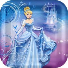 the princess in blue dress is standing next to a castle with a clock on it