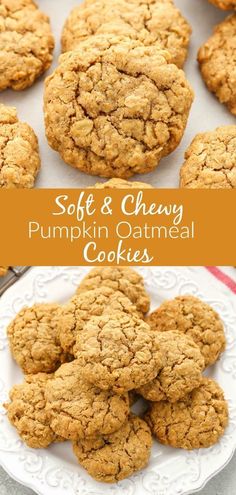 soft and chewy pumpkin oatmeal cookies on a white plate with text overlay