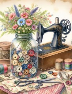 a vase filled with flowers next to a sewing machine and spools of thread