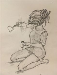 a pencil drawing of a woman holding a cup with a heart shaped object in her hand