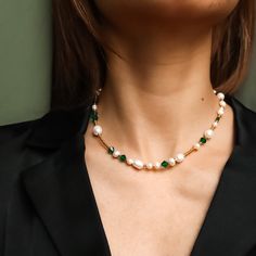 Green Gold Delicate Necklace - Beaded Elegant Necklace - Dainty Pearl Necklace Item Details: ⭐ This necklace is perfect for any celebration, parties, or events. It's very elegant, classy, glam and luxurious looking. ⭐ This necklace is 40cm long. You can request your own desired length if this is not the length you like.  ⭐ The necklace is made with delicate 24kt gold-plated miyuki beads in 2mm, 6mm delicate green czech glass beads. ⭐ Freshwater pearls are in different sizes. ⭐ Freshwater pearls Elegant Beaded Necklaces For Mother's Day, Delicate Green Necklace For Wedding, Green Clavicle Chain Necklace For Wedding, Beaded Necklaces For Anniversary, Delicate May Birthstone Necklace For Weddings, Delicate Wedding Necklace With May Birthstone, Dainty Pearl Necklace, Stylish Necklace, Elegant Necklace