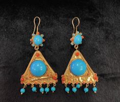 Handmade Silver Gold Plated Vintage Earrings From Afghanistan With Turquoise And Coral GemstoneMaterial Silver Gold PlatedGemstone Turquoise Coral Weight 9.3 grams Traditional Turquoise Gemstone Earrings, Traditional Turquoise Earrings With Natural Stones, Traditional Blue Pendant Earrings, Exotic Jewelry, Afghan Jewelry, Persian Turquoise, Turquoise And Coral, Real Turquoise, Turquoise Ring Silver