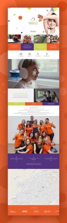 an orange and purple web page with many different images