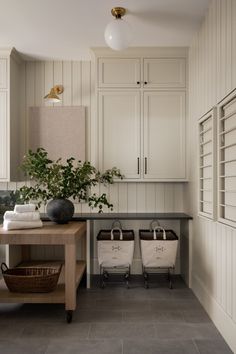 a kitchen with white cabinets and two baskets on the counter, next to a plant