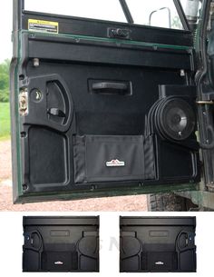 an open door on the back of a truck with two speakers and one speaker in it