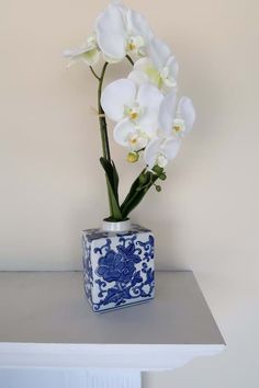 a blue and white vase with flowers in it sitting on a shelf next to a wall