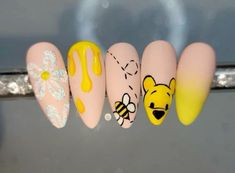 Gel X Nail Fall Designs, Cereal Nail Art, Overall Nails, Themed Nail Art Designs, Nail Designs Winnie The Pooh, Nails Cute Animals, Cute Nails For Party, Looney Tunes Nail Designs, Pink Mickey Mouse Nails