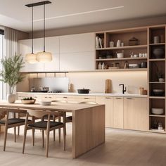 a modern kitchen with wooden floors and white walls, along with open shelving units