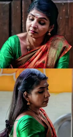 a woman in a green and red sari with her eyes closed, looking at the camera