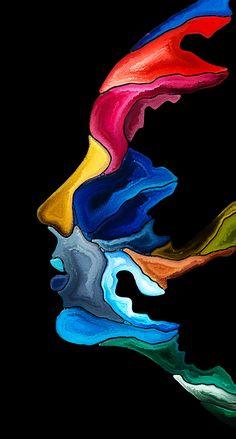 an abstract painting of a woman's face with multicolored hair blowing in the wind