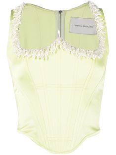 lime green corset style faux-pearl embellishment fitted waistline exposed rear zip fastening sleeveless Luxury Cropped Corset For Women, Luxury Embellished Fitted Corset, Luxury Cropped Chic Corset, Queen Of Hearts Corset, Luxury White Fitted Corset, Corset Top Green, Stylist Closet, Luxury Green Corset, Yellow Corset