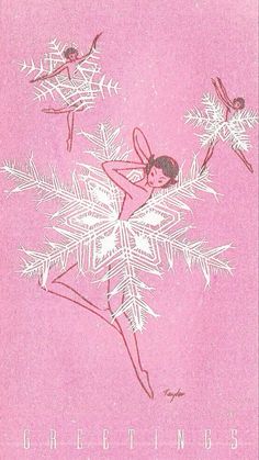 an old pink christmas card with snowflakes and two ballerinas on it