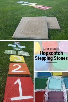 several photos of different colored stepping stones in the grass with numbers painted on them and one has