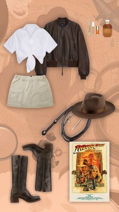 an assortment of clothing and accessories including boots, hat, jacket, scarf, gloves