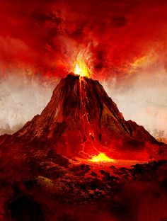 an artistic painting of a volcano spewing lava into the sky