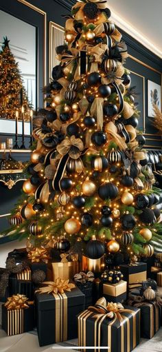 a christmas tree decorated with black and gold ornaments