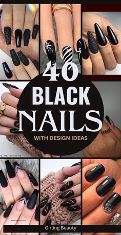 Best Black Nail Designs, Matte Black Nails Design Ideas, White To Black Nails, Black On Black French Tip Nails, Black Summer Nails Designs, Black Wedding Nails Classy, Black Fingernail Designs, Acrylic Nails Black Designs, Nails Edgy Grunge