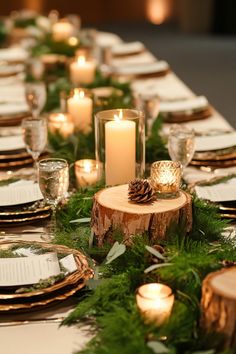 a long table is set with candles and place settings for an elegant christmas dinner party