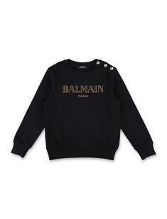 Logo Sweatshirt By Balmain. Featuring: Ribbed Crew-neck Sweatshirt Embroidered Logo On Chest Ribbed Cuffs And Hem Logoed Snap Button Detail On ShouldersComposition: 100% cotton Cotton Tops With Button Cuffs For Winter, Cotton Crew Neck Top With Button Cuffs, Cotton Top With Button Cuffs And Crew Neck, Balmain Blazer, Balmain Paris, Gold Models, Kenzo Kids, Prada Leather, Logo Sweatshirt