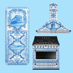 three blue and white kitchen appliances against a light blue background with an ornate design on the side