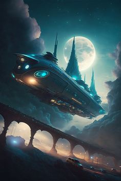 an alien ship flying over a bridge in the sky with a full moon behind it