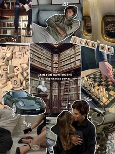 the collage shows people sitting in chairs and playing chess with bookshelves behind them