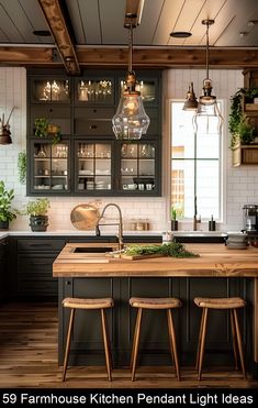 a kitchen with two stools next to an island in the middle of the room