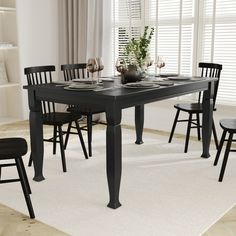 Upgrade the look of your dining room, kitchen, or commercial hospitality areas with the timeless style of this 60" solid wood dining table for 6. Crafted from solid wood with a 3/4 inch thick table top and 3" turned decorative legs, this dining table can hold up to 300 lbs. static weight making it ideal for commercial environments as well as everyday use in busy households. The water-resistant top stands up to liquids while the fixed plastic floor glides prevent damage to your hard flooring surf Black Rectangle Dining Table, Rectangle Wood Dining Table, Square Kitchen Table, Black Dining Room Table, Square Kitchen Tables, Wood Rectangle Dining Table, Dining Table For 6, Square Kitchen, Tufted Dining Chairs