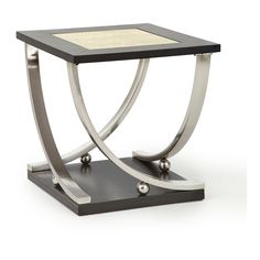 a black and silver end table with a white marble top on an acrylic base